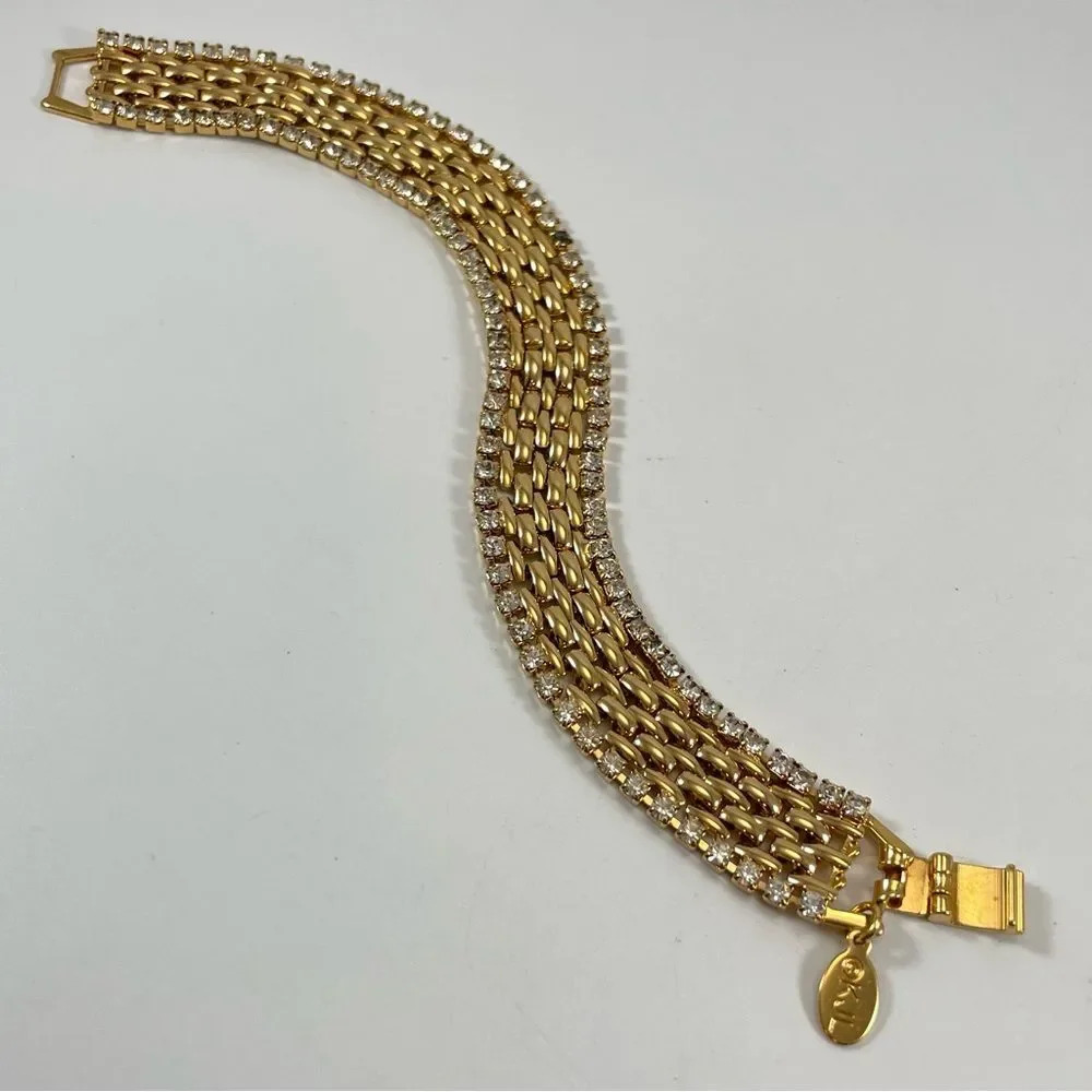 Vintage Kenneth Jay Lane KJL Gold Tone Rhinestone Chain Tennis Bracelet Elegant - Picture 4 of 8